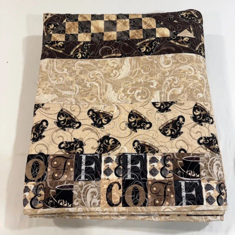 Handmade Coffee Patchwork Quilt Brown Cream Coffee Bean Cup Typography 70x80